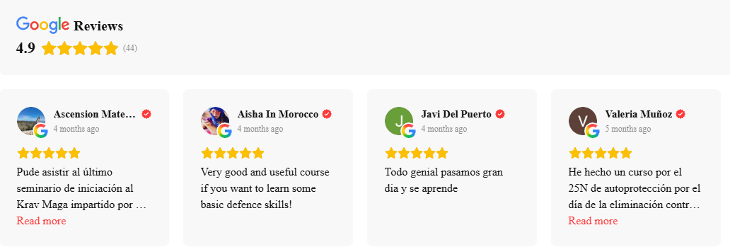 Reseñas en google de los usuarios de Málaga Krav Maga